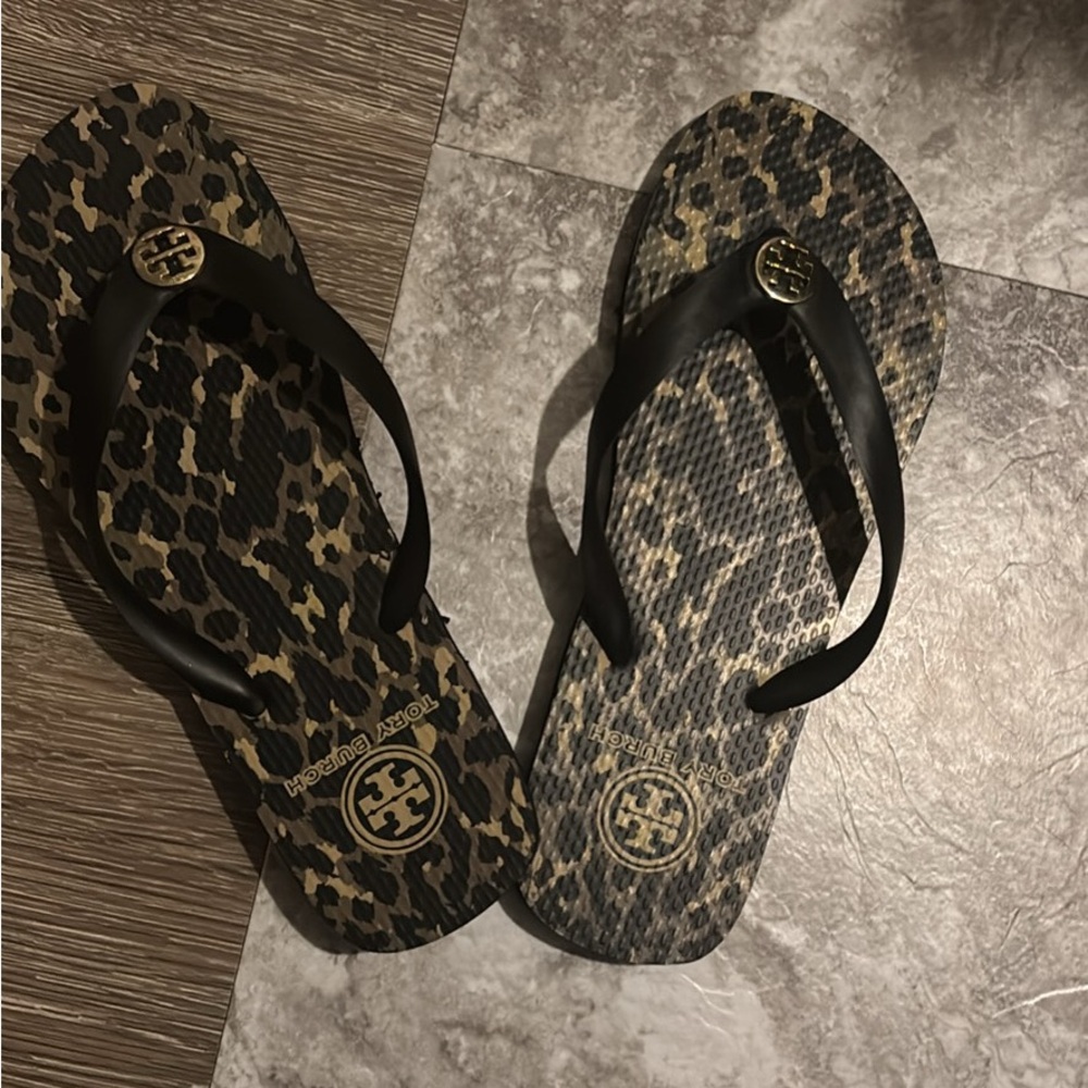 Tory Burch Black and Brown Leopard Sandals